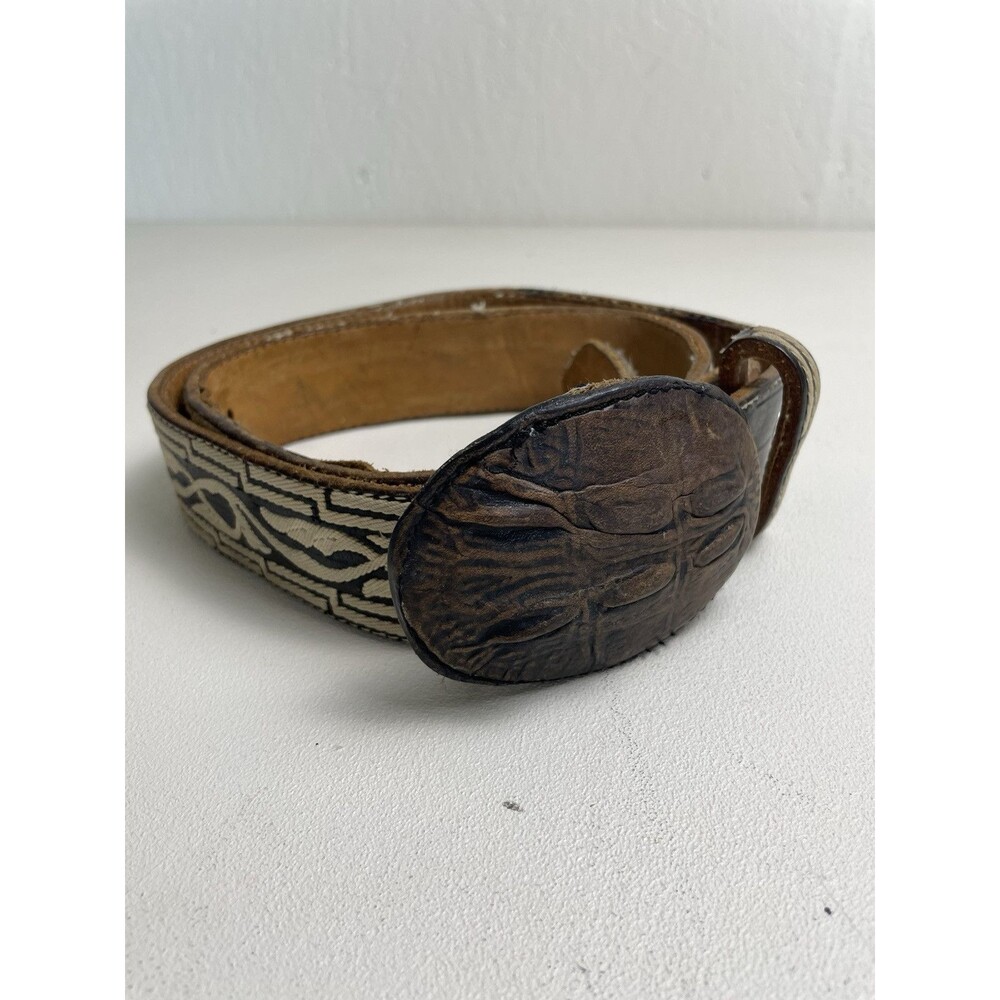 Vintage distressed embroidered bird belt leather with turtle shell belt buckle